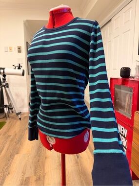 GAP Navy and Teal Striped Crew Sweater